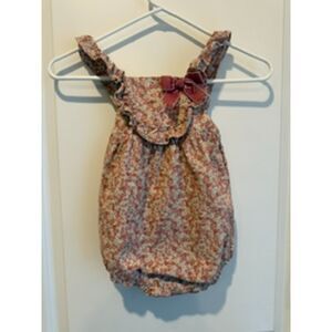 Rare Editions baby girl floral bubble romper with a maroon bow and ruffled 24m